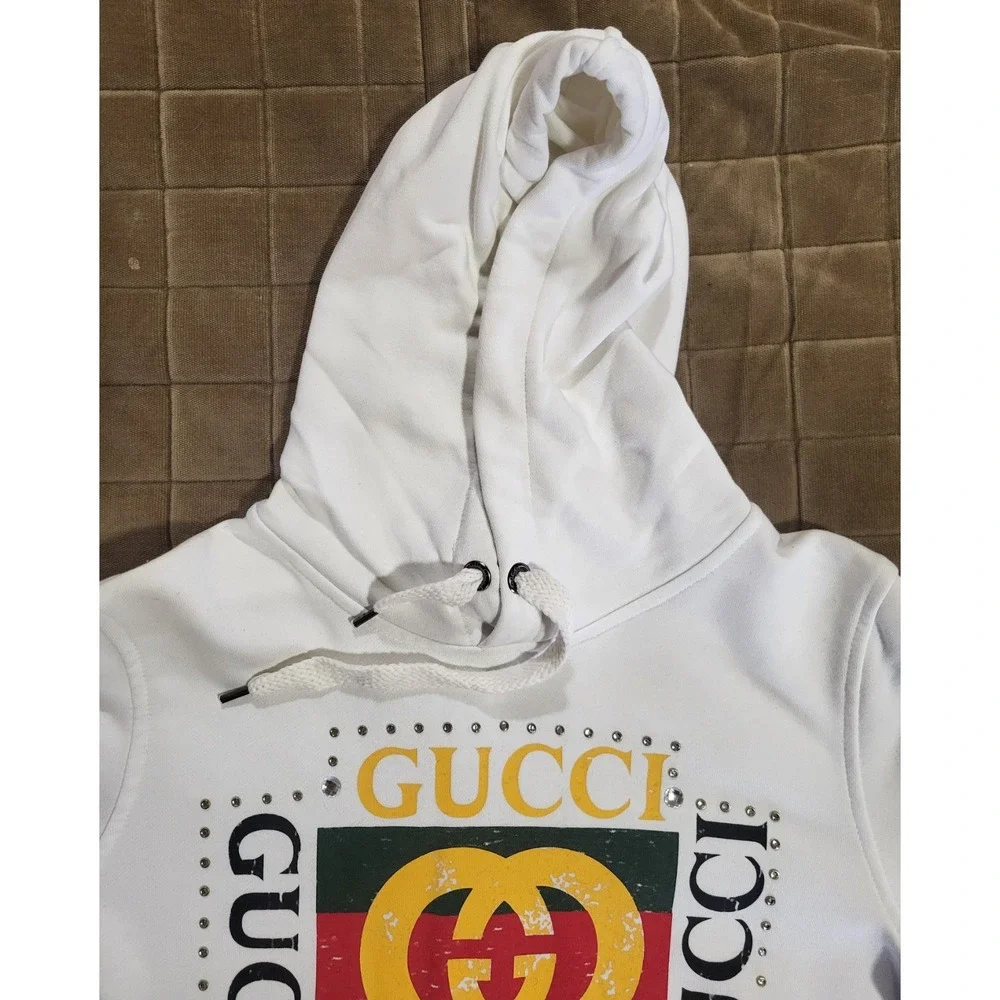 Gucci Distressed Logo Print Hoodie Ivory Size Medium W/Rhinestone Diamonds